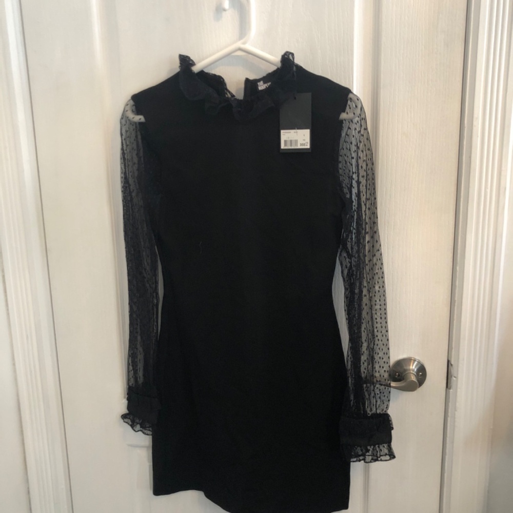 NWT The Kooples Black Mini Bodycon Dress with Lace Sleeves and Collar - Picture 2 of 4